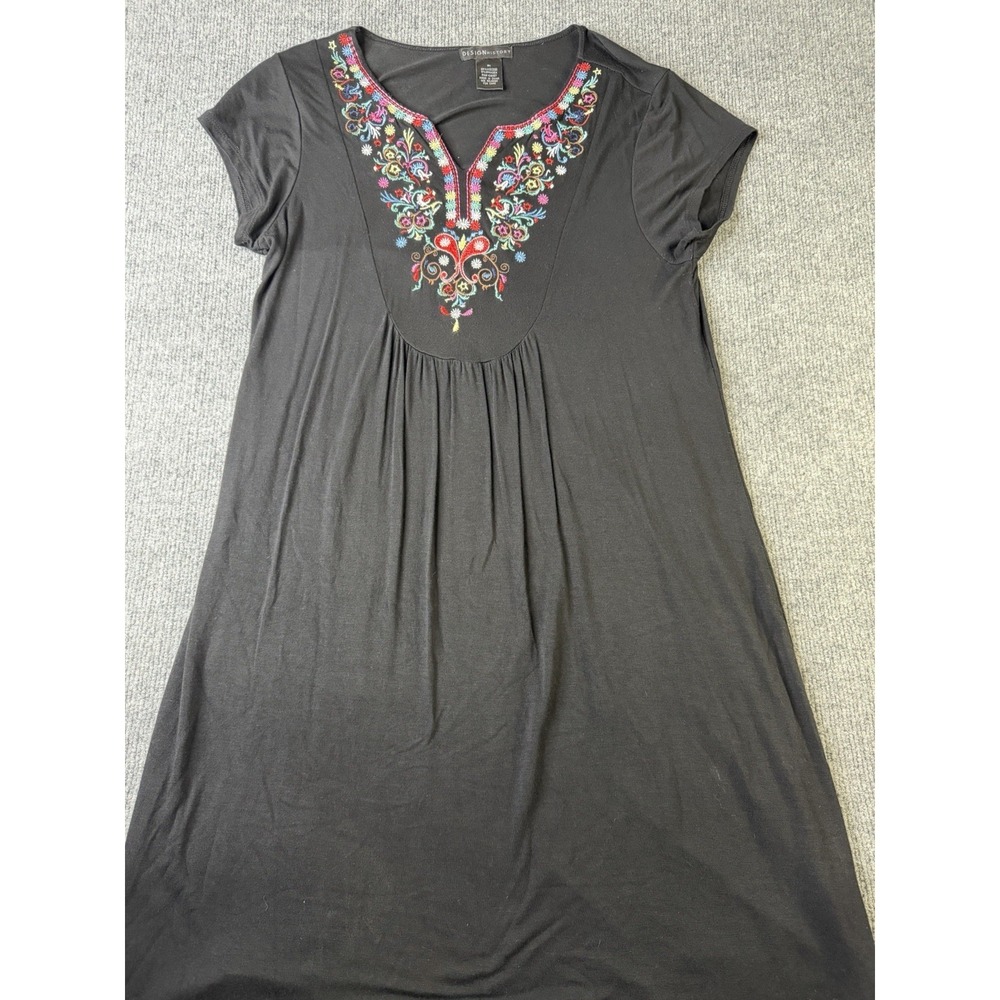 Design History Embroidered Tunic Dress M Black Boho Floral Short Sleeve